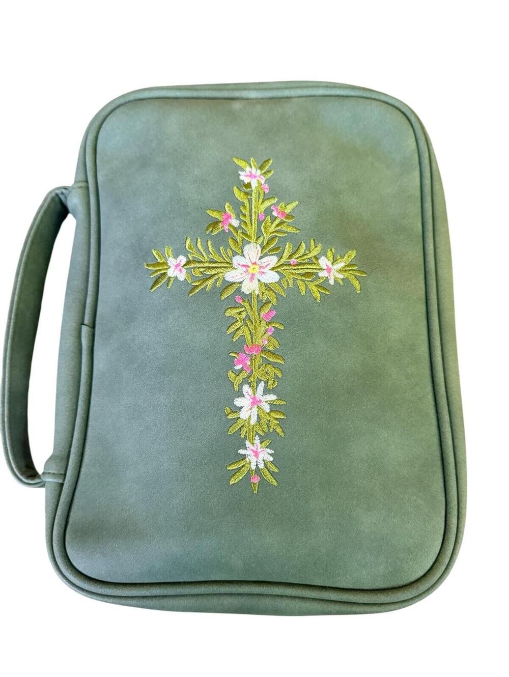 Green Floral Embroidered Cross Bible Cover Case